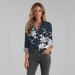 Floral Long Sleeve Blouse Blue